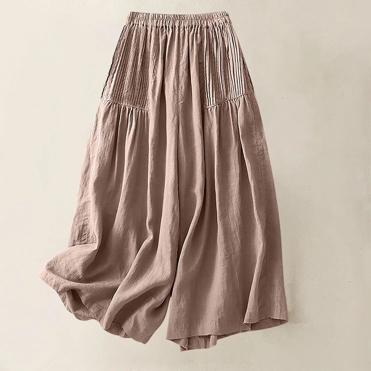Mzkdieey Cotton Linen Palazzo Pants for Women Culottes Dressy Summer Wide Leg Pleated Flowy Pants Boho Casual Beach Trousers