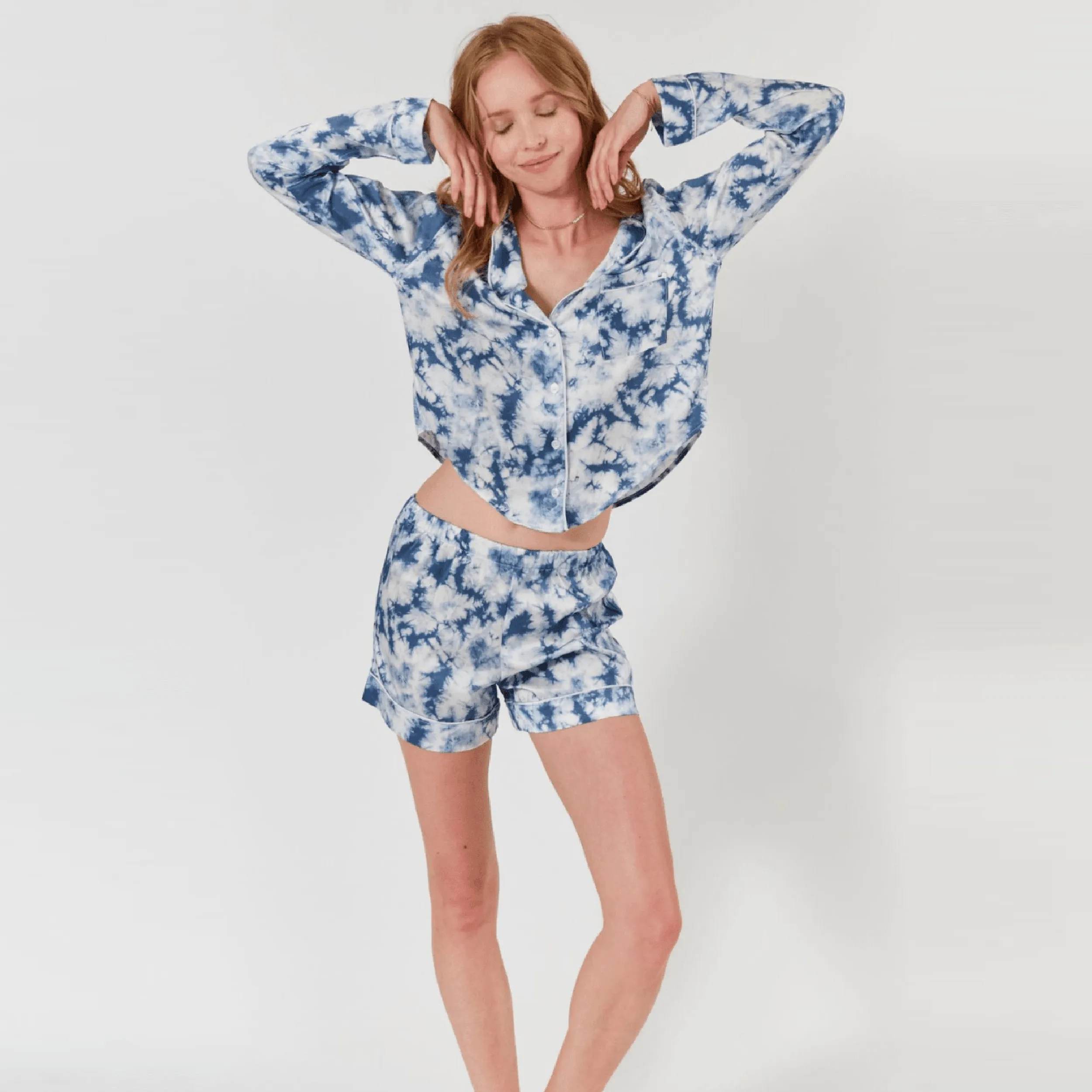 Nina Silk Pajama Short Set - Dusty Blue Tie Dye