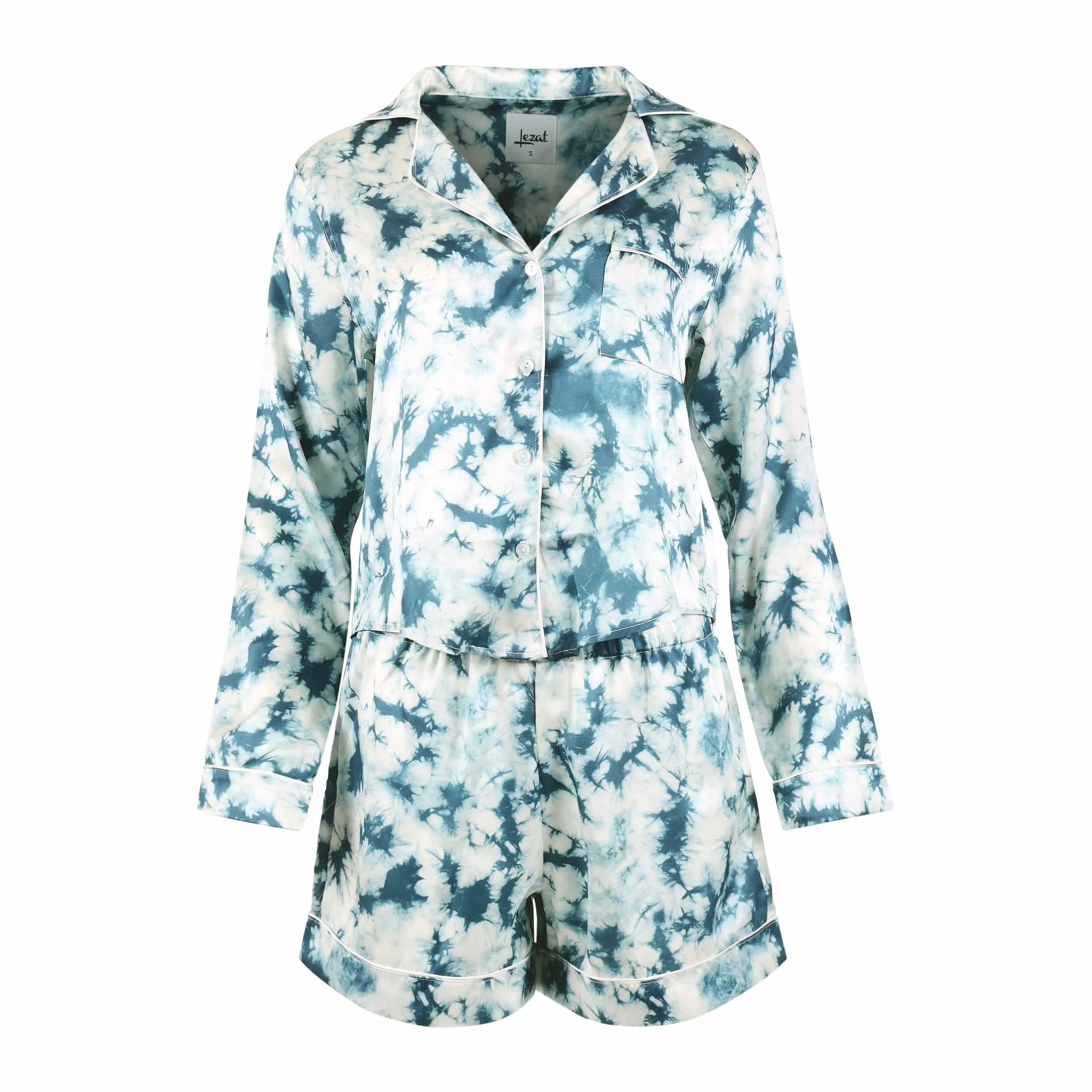 Nina Silk Pajama Short Set - Dusty Blue Tie Dye
