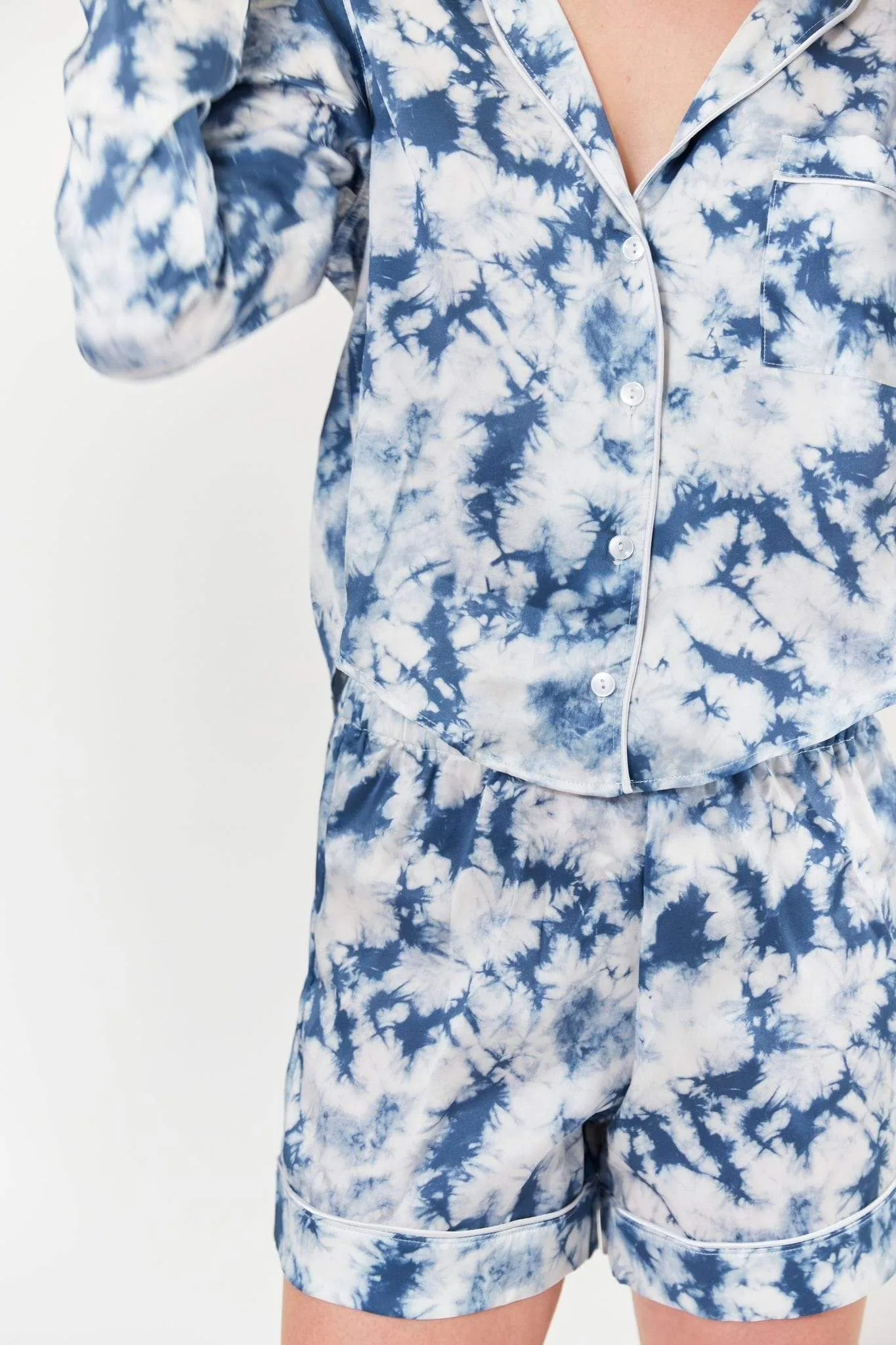 Nina Silk Pajama Short Set - Dusty Blue Tie Dye
