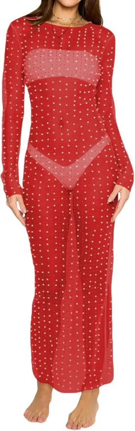 NUFIWI Women Sexy See Through Pearl Rhinestone Cover Up Summer Beach Sheer Mesh Long Dress Bikini Cover Ups
