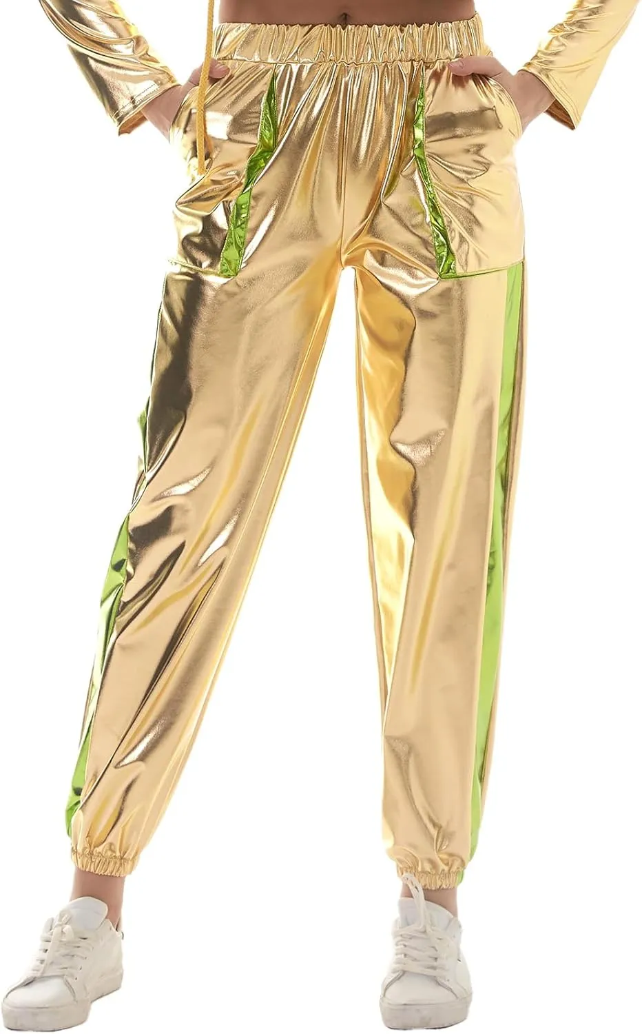 ODASDO Women Shiny Metallic Jogger Pants Wet Look Stretchy Holographic Trousers Casual High Waist Sweatpant Disco Rave Pants
