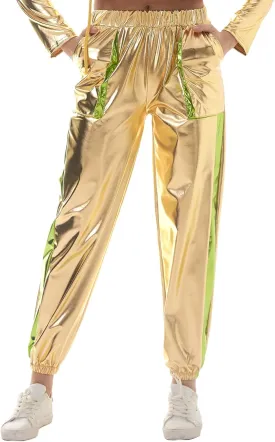 ODASDO Women Shiny Metallic Jogger Pants Wet Look Stretchy Holographic Trousers Casual High Waist Sweatpant Disco Rave Pants