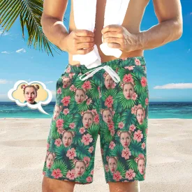 Personalised Swimming Trunks Face on Swim Trunks Men's Gifts  - Green Leaves And Flowers