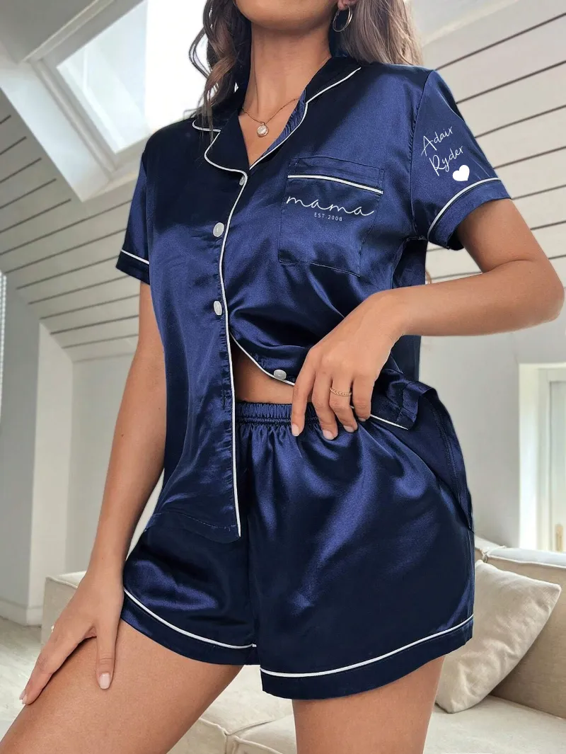 Personalized Mama Print Women Pajamas Sleepwear Ice Silk Short Sleeve Top And Shorts, Ice Silk Pajama Set Comfortable, Mothers Day Gift