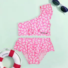 Pink One Shoulder Ruffled Trim Top With Bikini Swimsuit