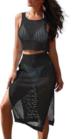 Pink Queen Women 2 Piece Swimsuit Crochet Hollow Out Swim Cover Up Bikini Swimwear Knit Mesh Tunic Beach Dress Side Slit