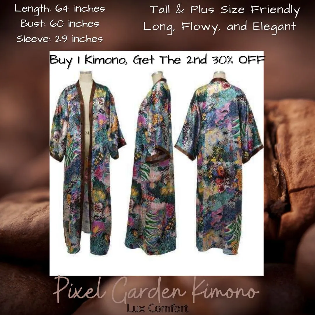 Plus Size Long Elegant Oversized Floor Length Lightweight Open Front Coverup Kimono Duster Robe, PIXEL GARDEN