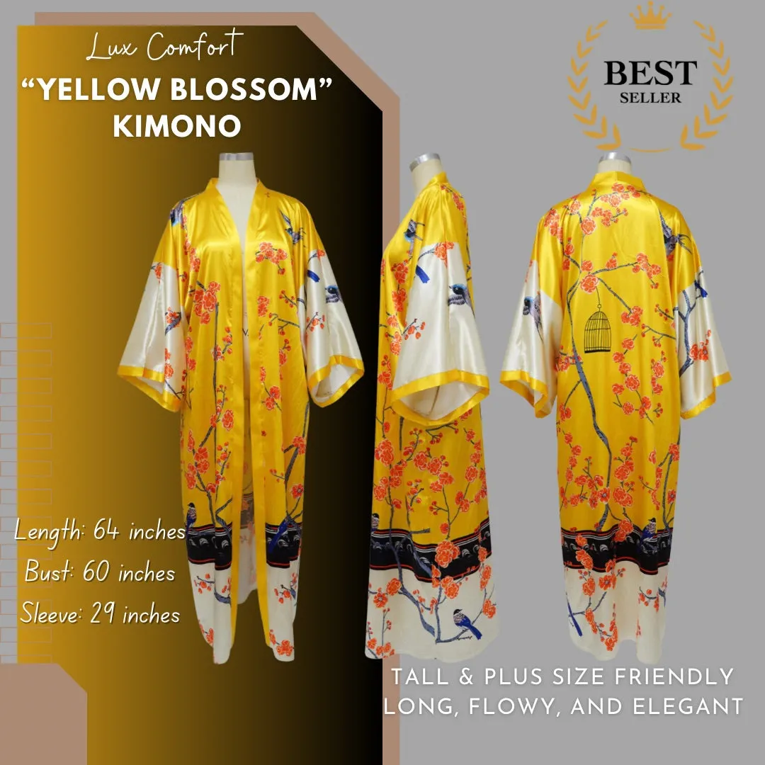 Plus Size Long Elegant Oversized Floor Length Lightweight Open Front Coverup Kimono Duster Robe, YELLOW BLOSSOM