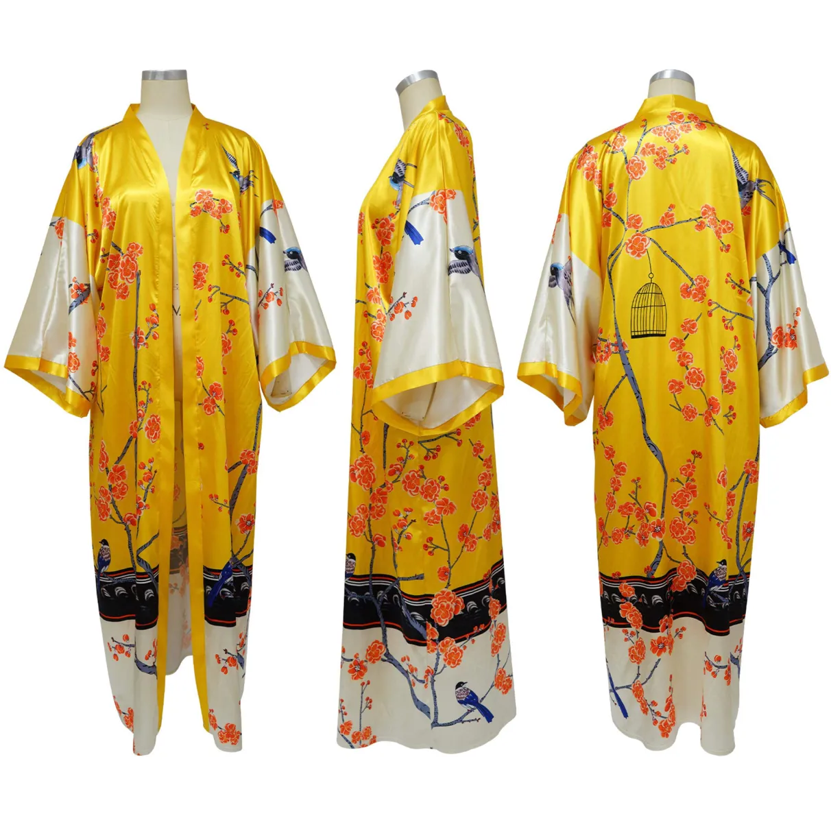 Plus Size Long Elegant Oversized Floor Length Lightweight Open Front Coverup Kimono Duster Robe, YELLOW BLOSSOM