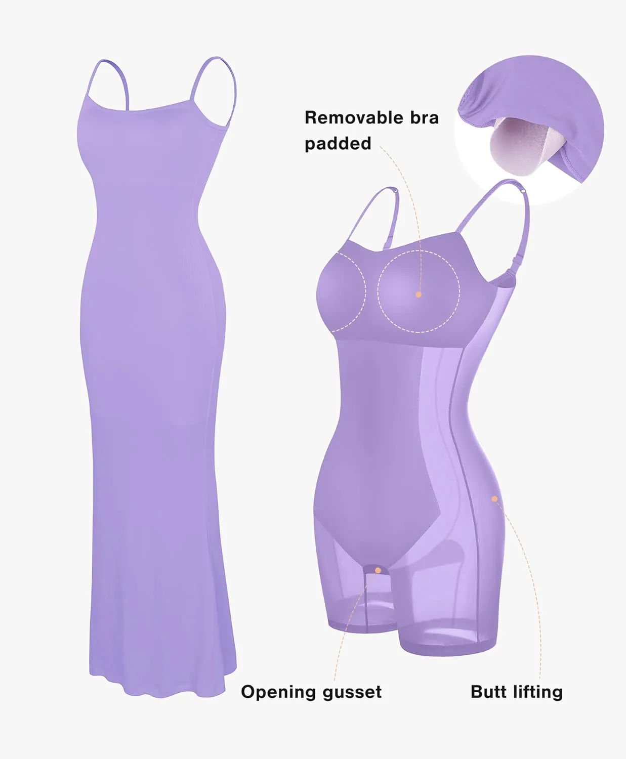 Popilush Summer Maxi Dress for Women - Cocktail Shapewear Dresses Built-in Bra Adjustable Straps Vacation Long Slip