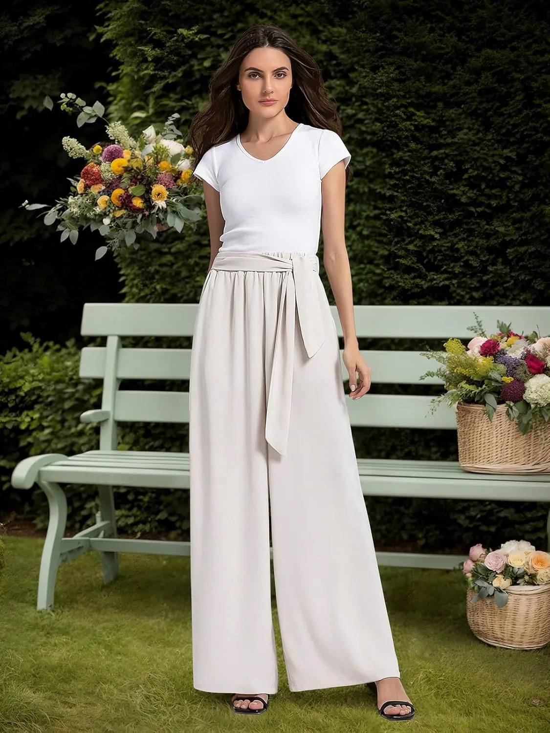 QIANXIZHAN Women's Wide Leg Pants, High Waisted Palazzo Pants Dressy Summer Flowy Casual Lounge Work Dress Pants Trousers WL