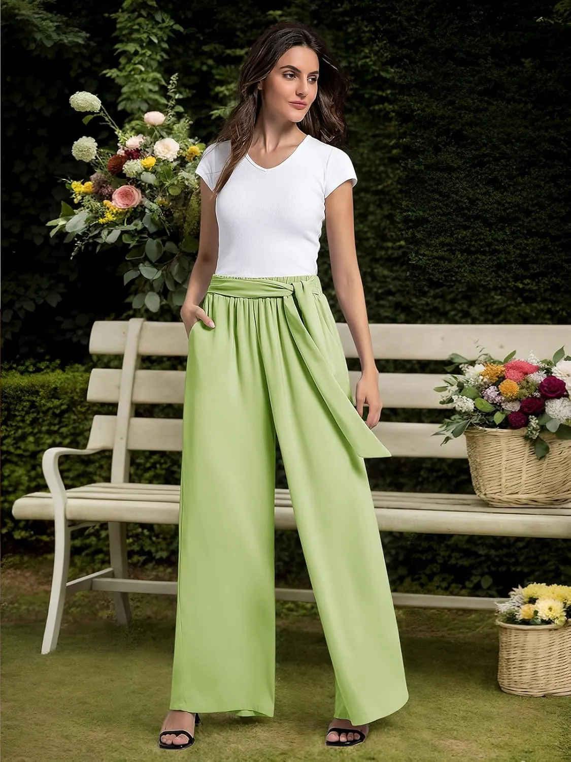 QIANXIZHAN Women's Wide Leg Pants, High Waisted Palazzo Pants Dressy Summer Flowy Casual Lounge Work Dress Pants Trousers WL