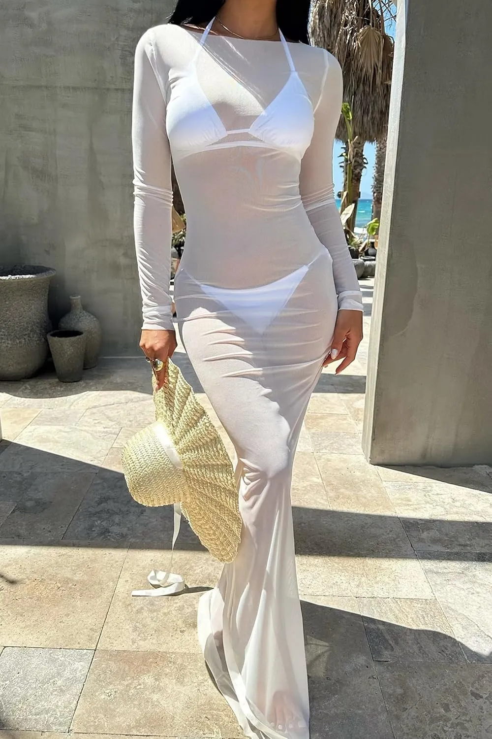 RARITYUS Women's Sexy See Through Long Sleeve Maxi Dress Swimwear Cover Up Mesh Sheer Beach Dress Bikini Coverups