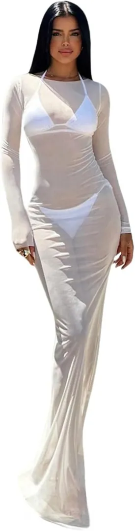 RARITYUS Women's Sexy See Through Long Sleeve Maxi Dress Swimwear Cover Up Mesh Sheer Beach Dress Bikini Coverups