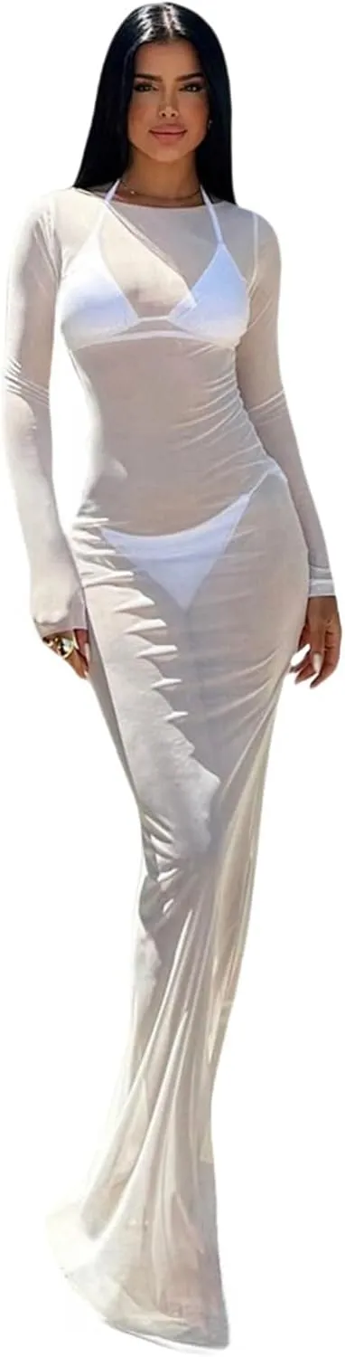 RARITYUS Women's Sexy See Through Long Sleeve Maxi Dress Swimwear Cover Up Mesh Sheer Beach Dress Bikini Coverups