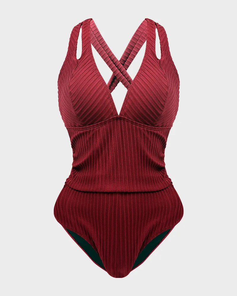Ribbed Deep V Cross Back Tie One-Piece Swimsuit