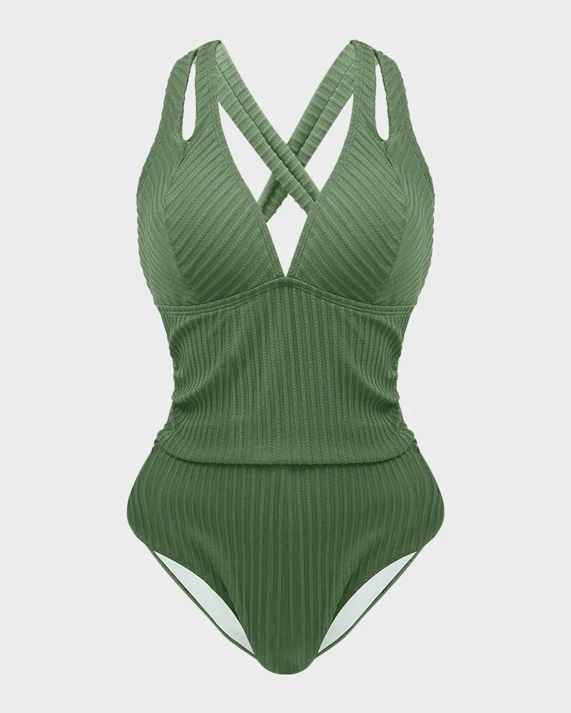 Ribbed Deep V Cross Back Tie One-Piece Swimsuit