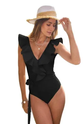 Ruffle Sleeve Tie Front One Piece Swimsuit