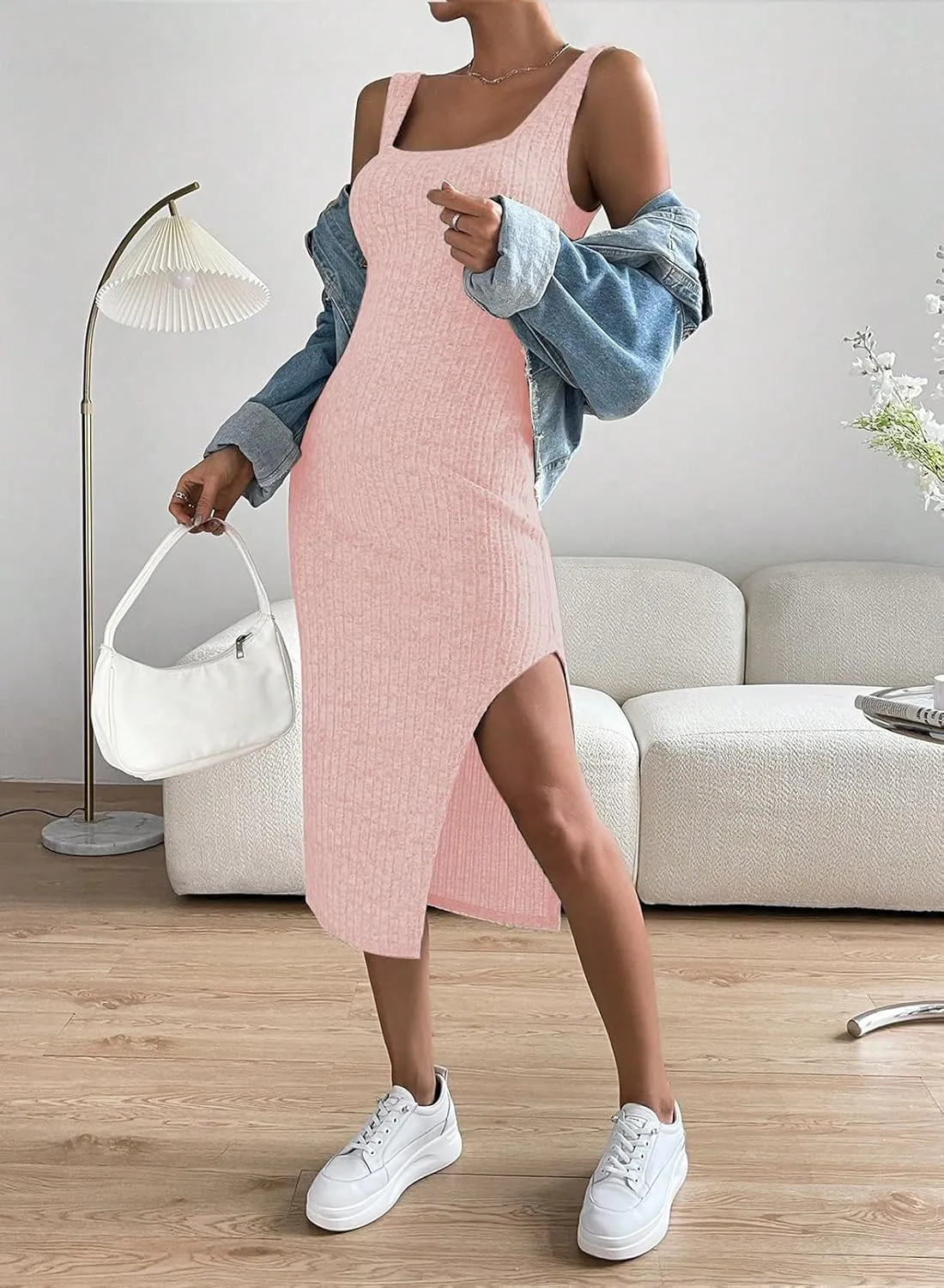 Samefar Womens Summer Square Neck Dress Sleeveless Bodycon Dresses Side Slit Midi Tank Sundresses Cocktail Dresses