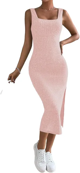Samefar Womens Summer Square Neck Dress Sleeveless Bodycon Dresses Side Slit Midi Tank Sundresses Cocktail Dresses