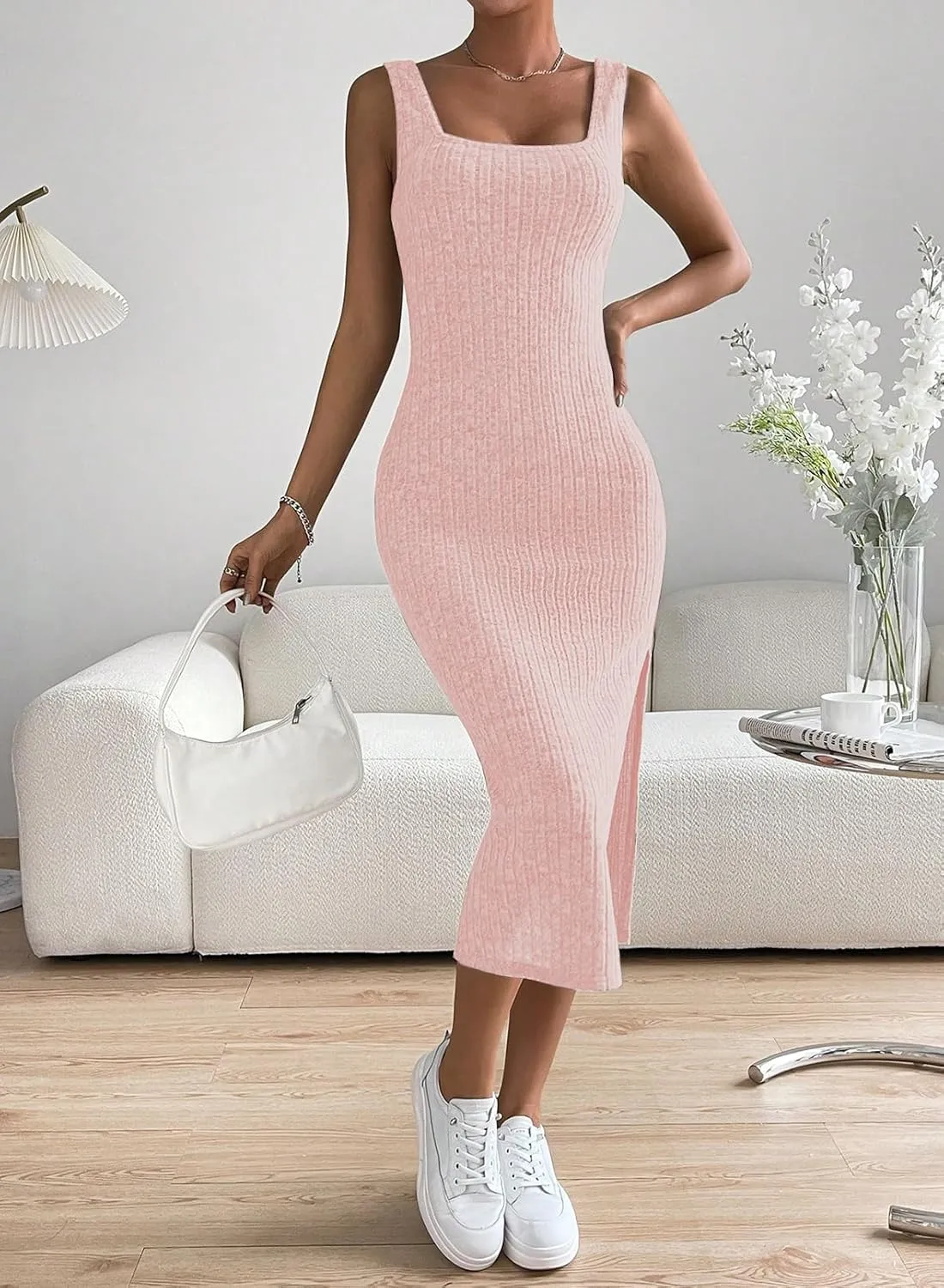 Samefar Womens Summer Square Neck Dress Sleeveless Bodycon Dresses Side Slit Midi Tank Sundresses Cocktail Dresses
