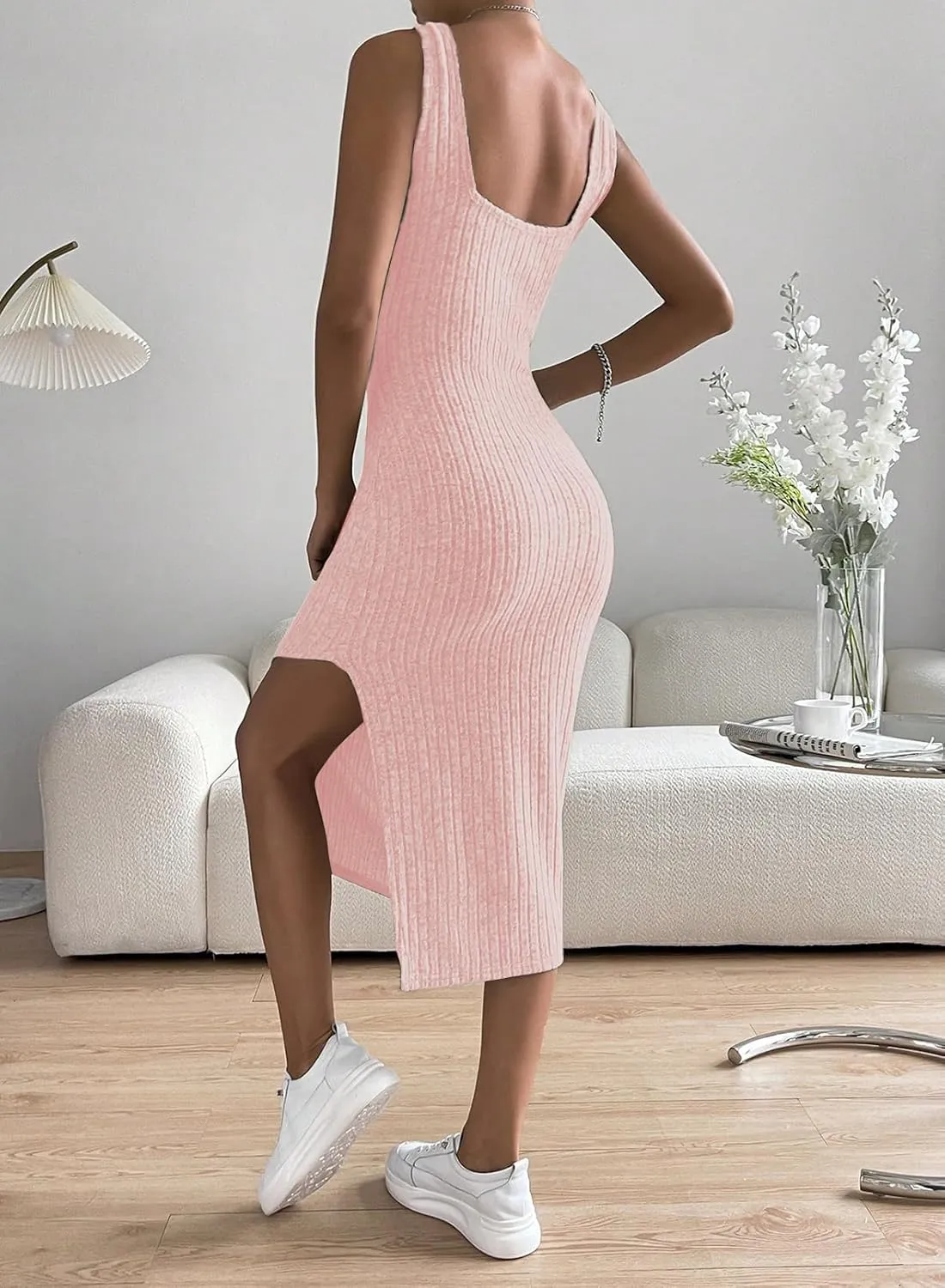 Samefar Womens Summer Square Neck Dress Sleeveless Bodycon Dresses Side Slit Midi Tank Sundresses Cocktail Dresses