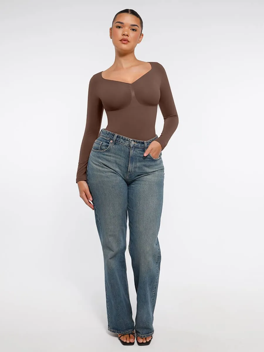 Seamless Long Sleeve Chest Support Tummy Control Thong Bodysuit