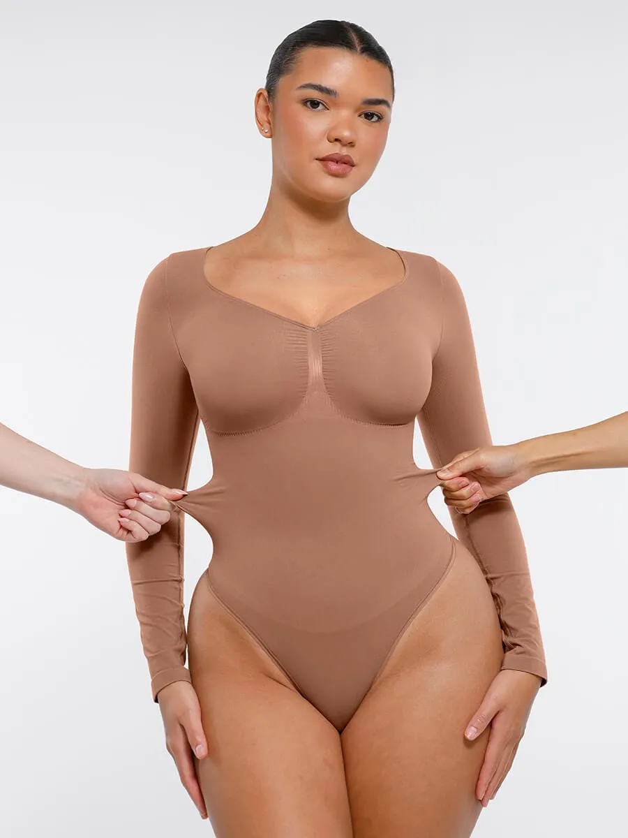Seamless Long Sleeve Chest Support Tummy Control Thong Bodysuit