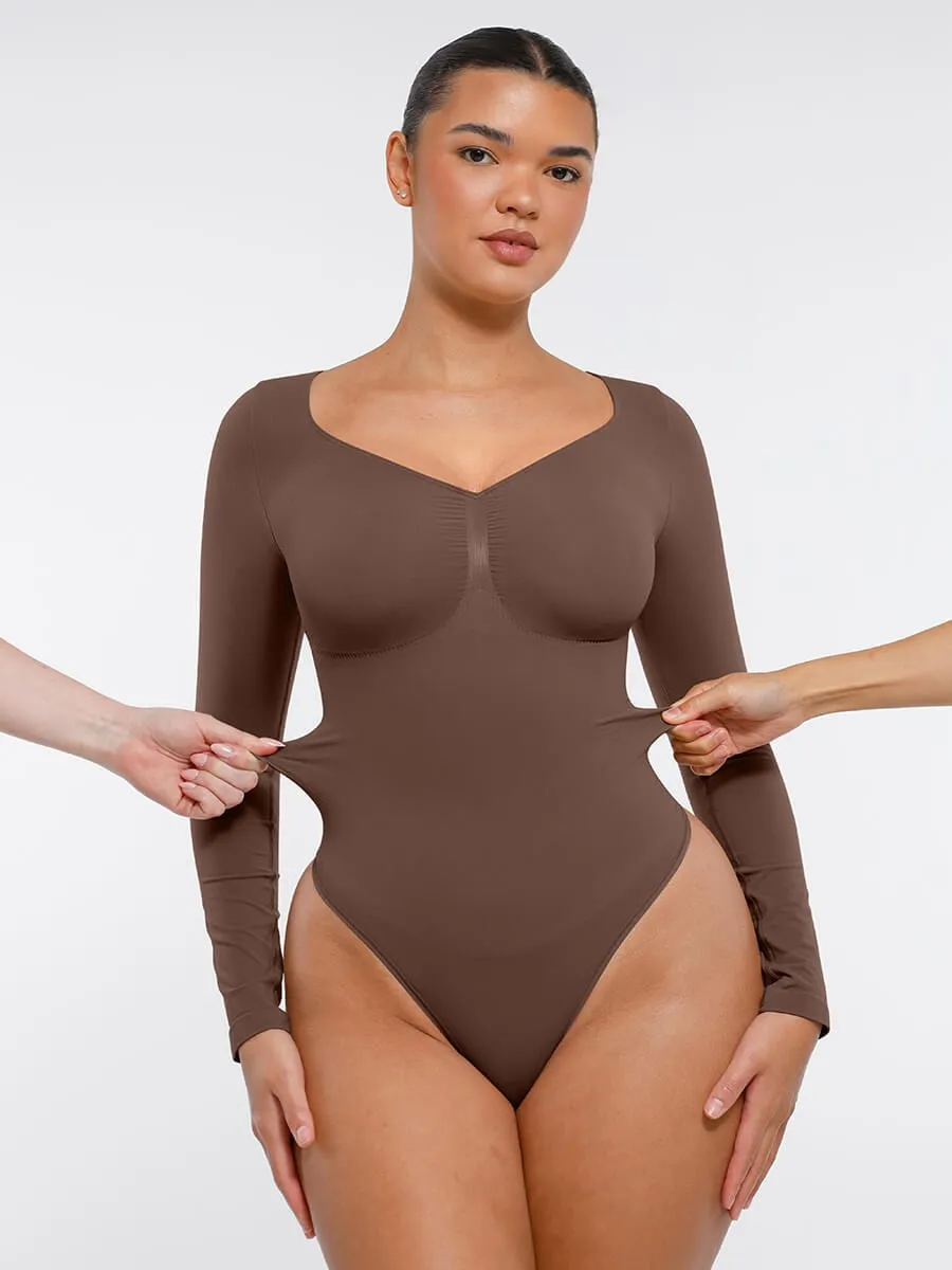 Seamless Long Sleeve Chest Support Tummy Control Thong Bodysuit