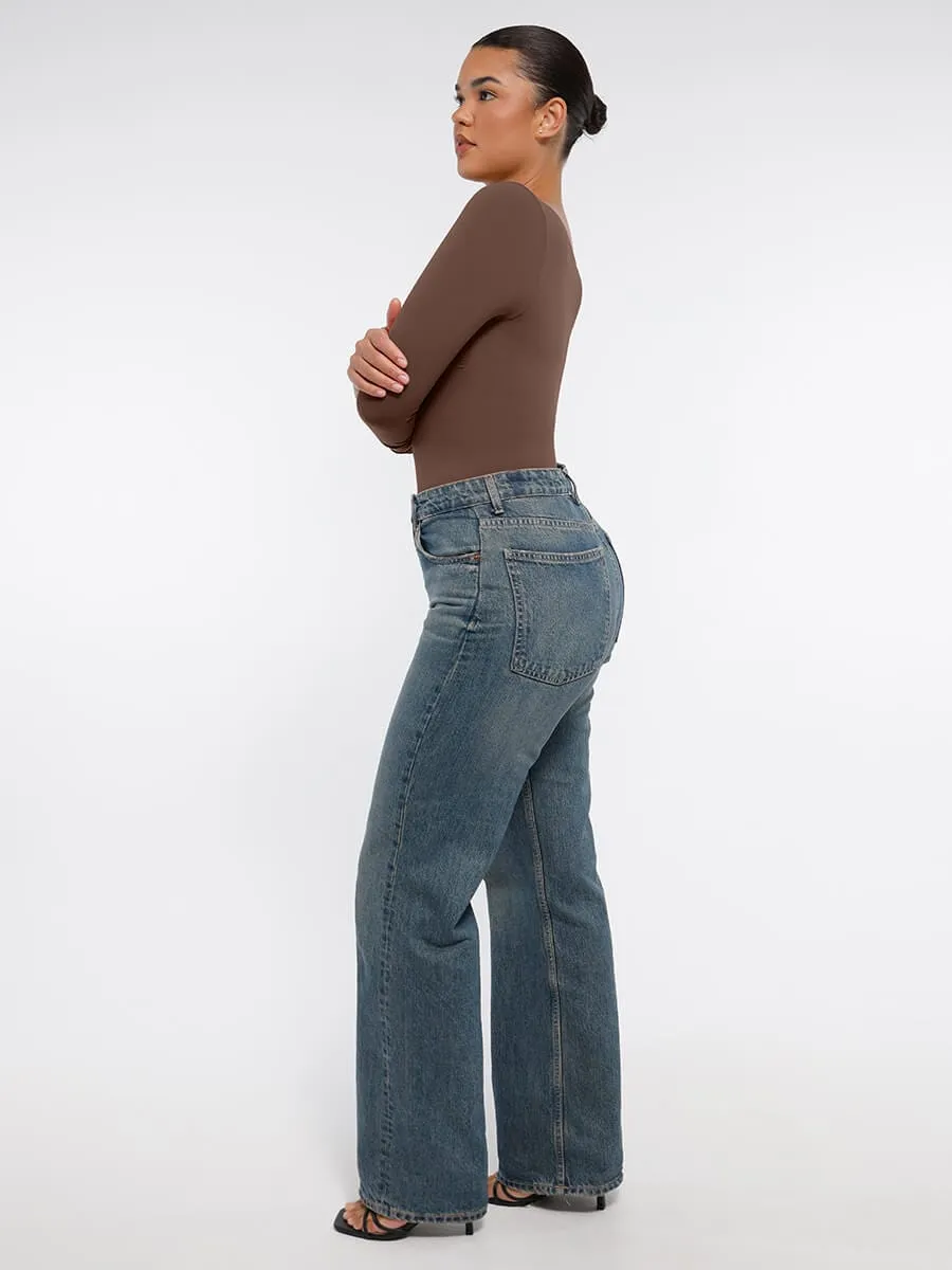 Seamless Long Sleeve Chest Support Tummy Control Thong Bodysuit