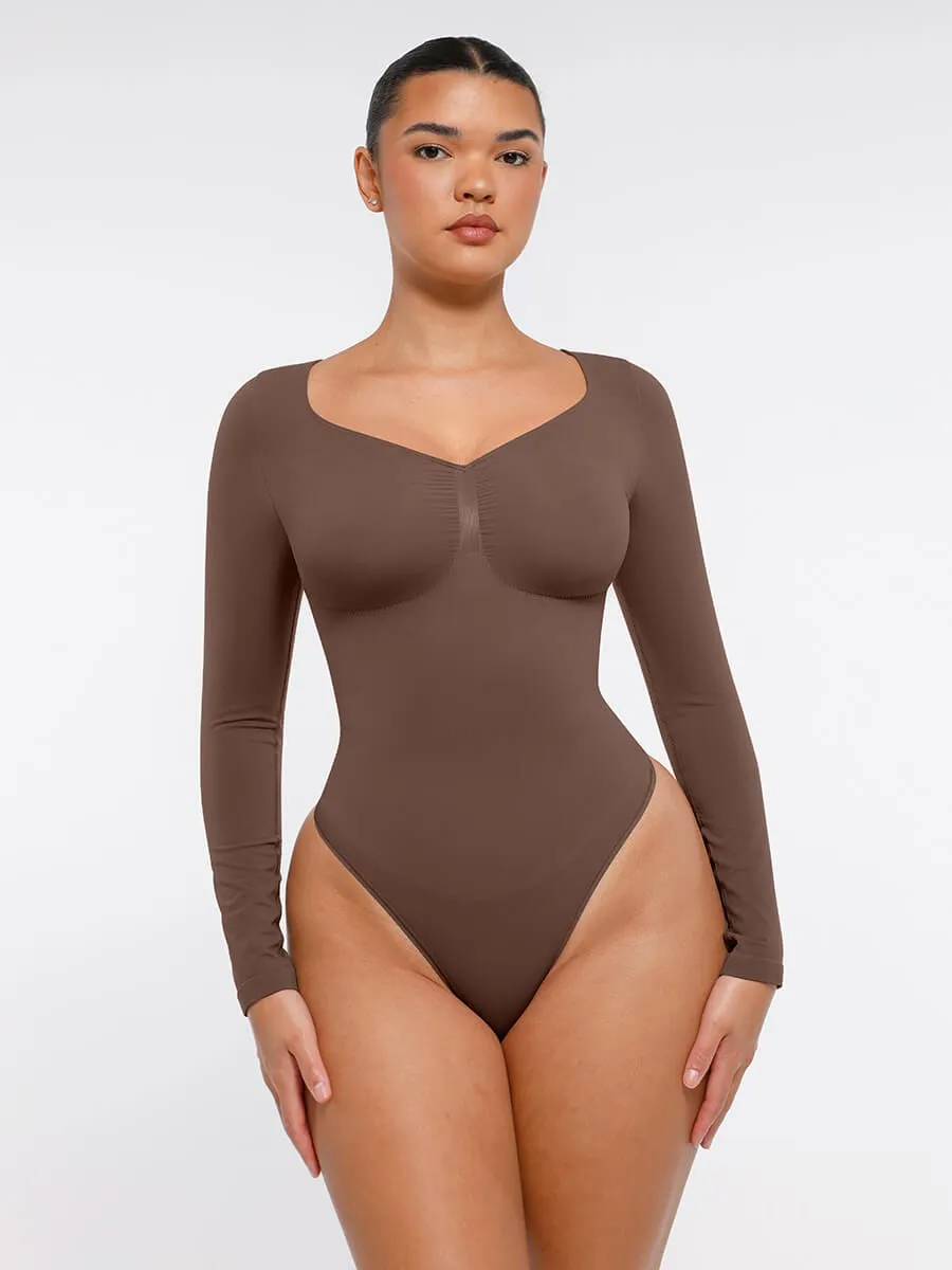 Seamless Long Sleeve Chest Support Tummy Control Thong Bodysuit