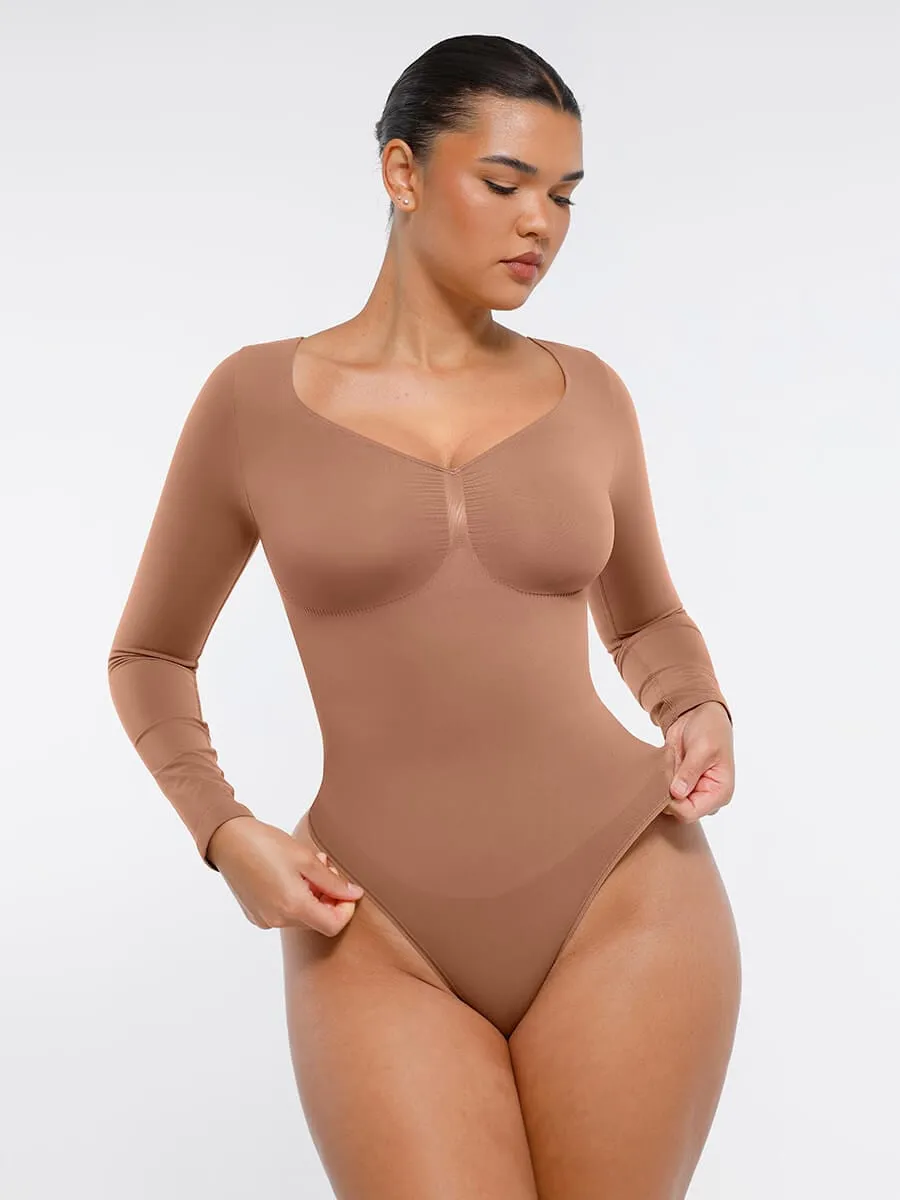 Seamless Long Sleeve Chest Support Tummy Control Thong Bodysuit