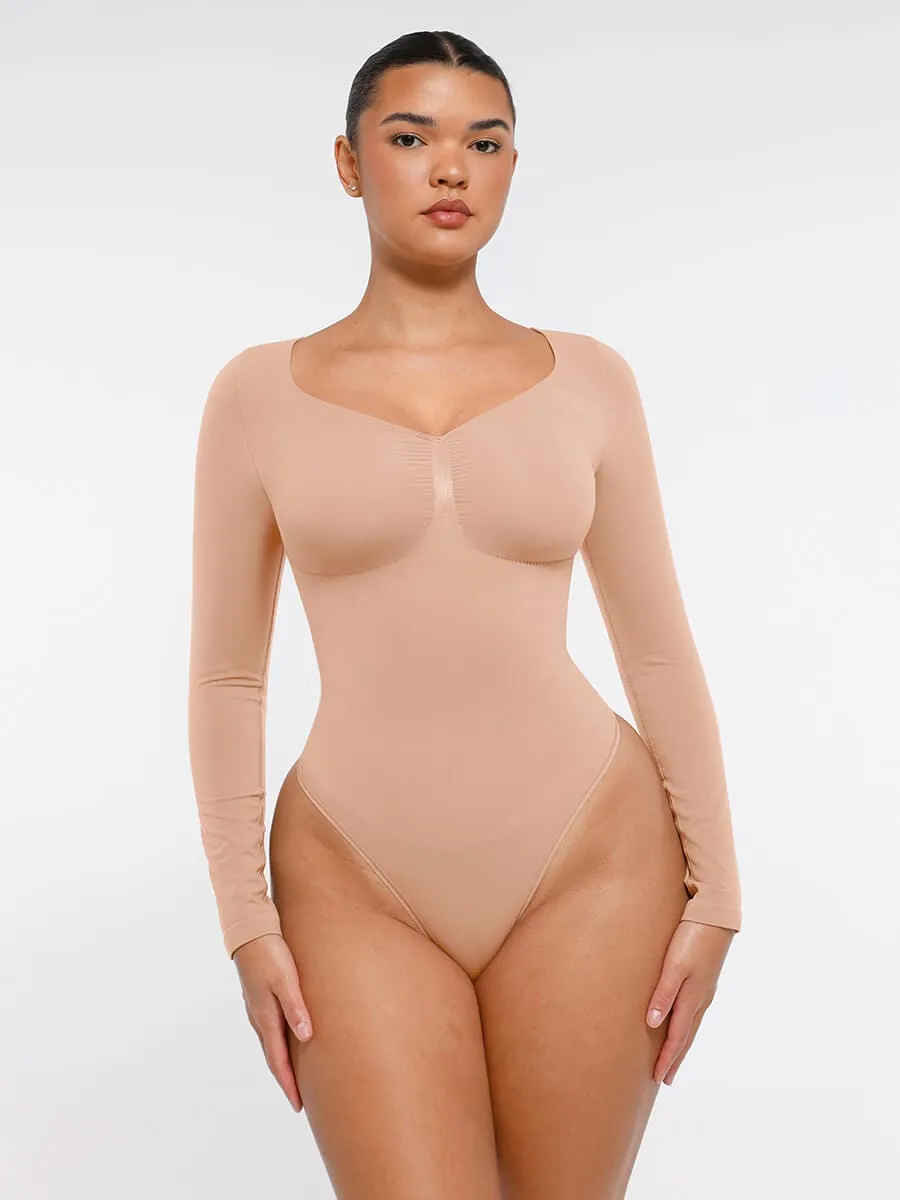 Seamless Long Sleeve Chest Support Tummy Control Thong Bodysuit