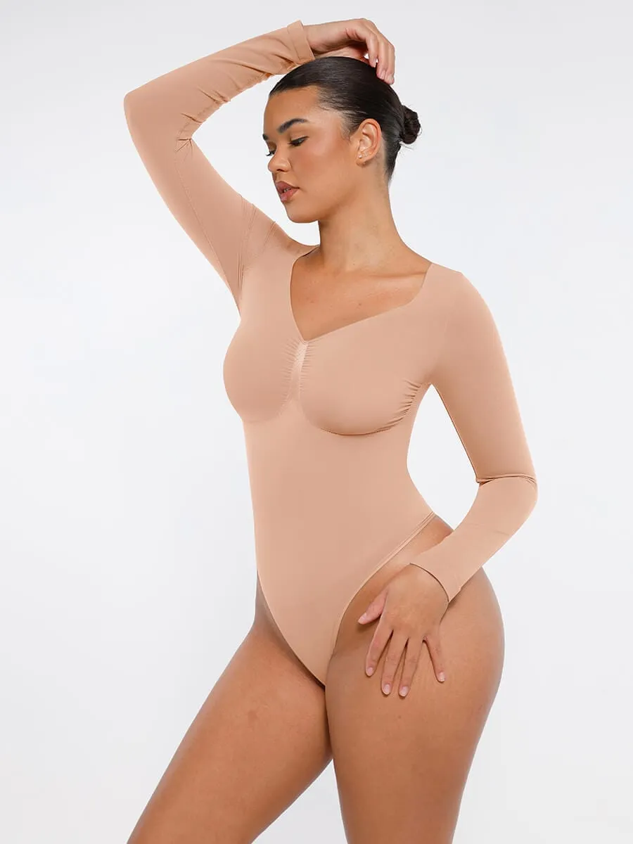 Seamless Long Sleeve Chest Support Tummy Control Thong Bodysuit