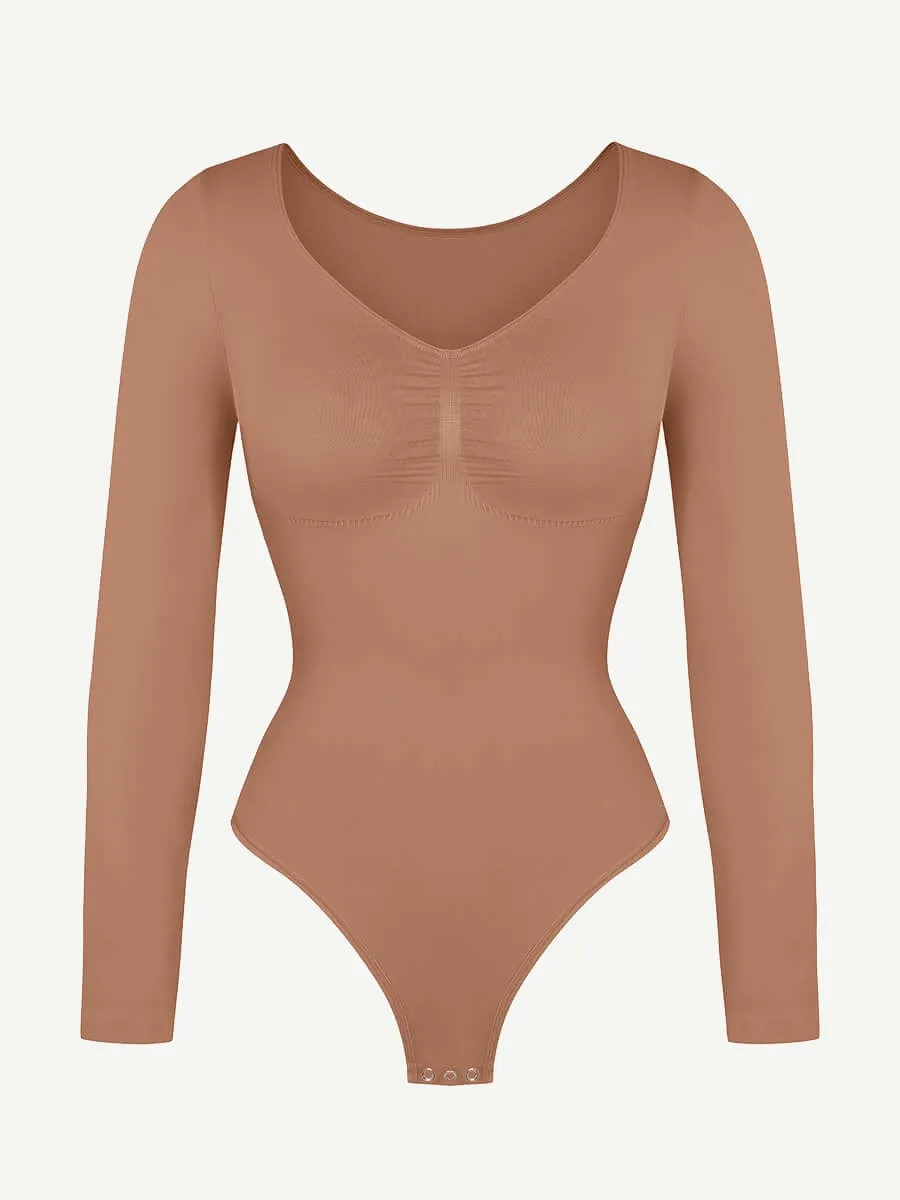 Seamless Long Sleeve Chest Support Tummy Control Thong Bodysuit