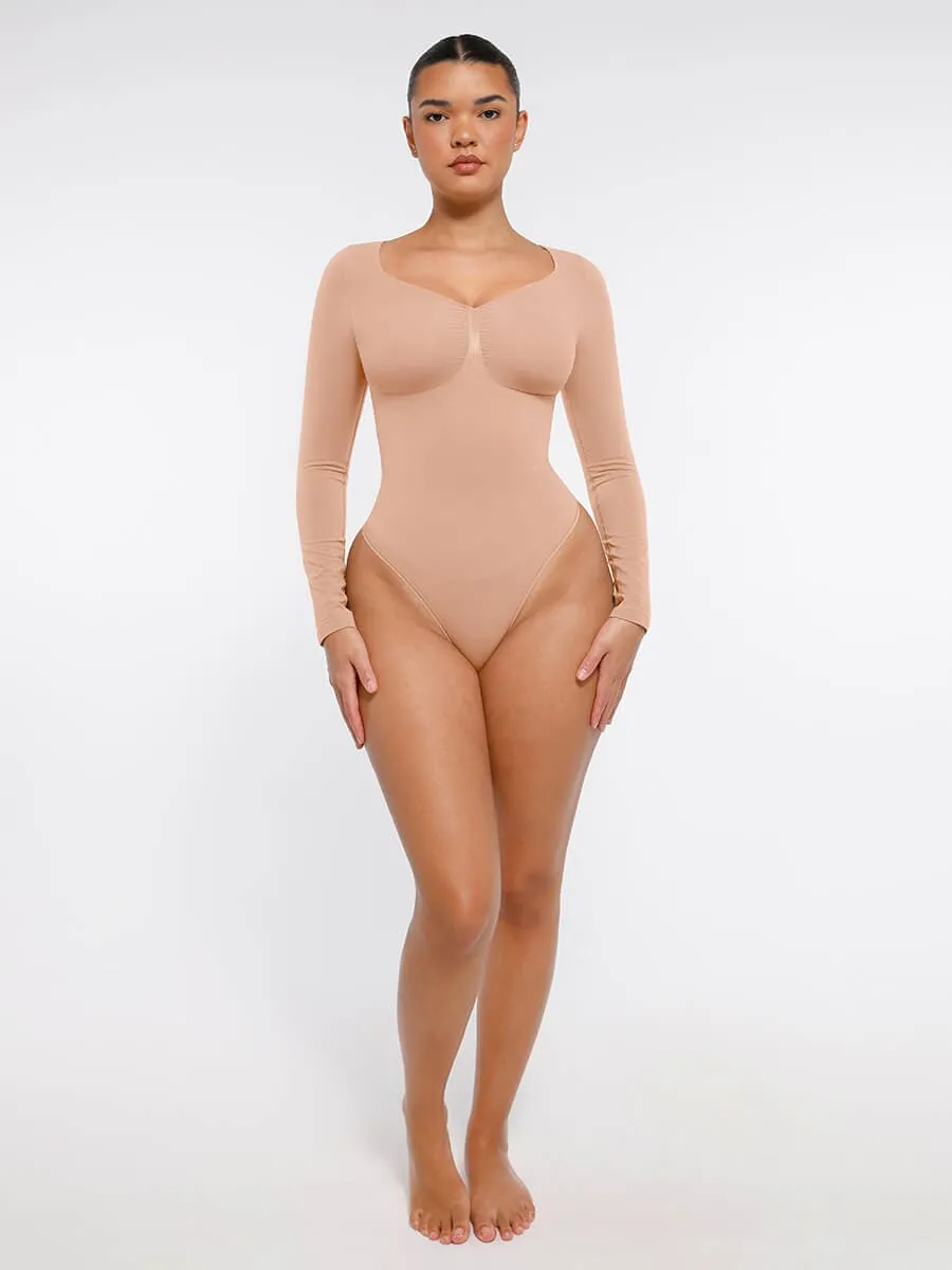 Seamless Long Sleeve Chest Support Tummy Control Thong Bodysuit
