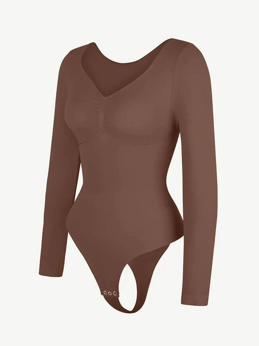 Seamless Long Sleeve Chest Support Tummy Control Thong Bodysuit