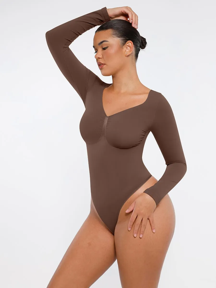 Seamless Long Sleeve Chest Support Tummy Control Thong Bodysuit
