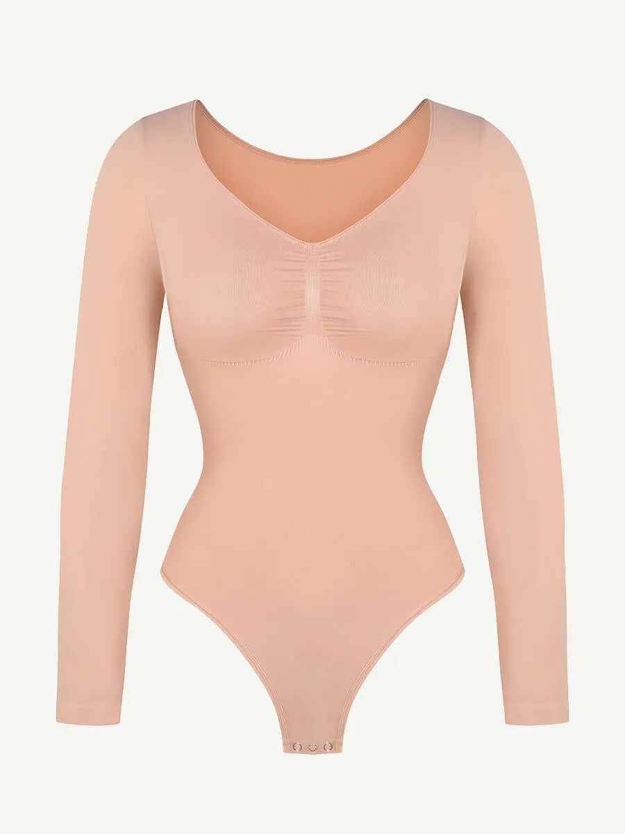 Seamless Long Sleeve Chest Support Tummy Control Thong Bodysuit