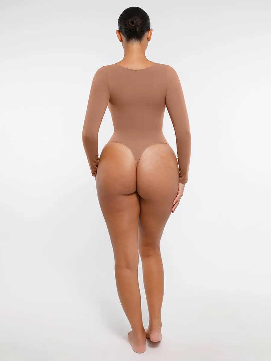 Seamless Long Sleeve Chest Support Tummy Control Thong Bodysuit