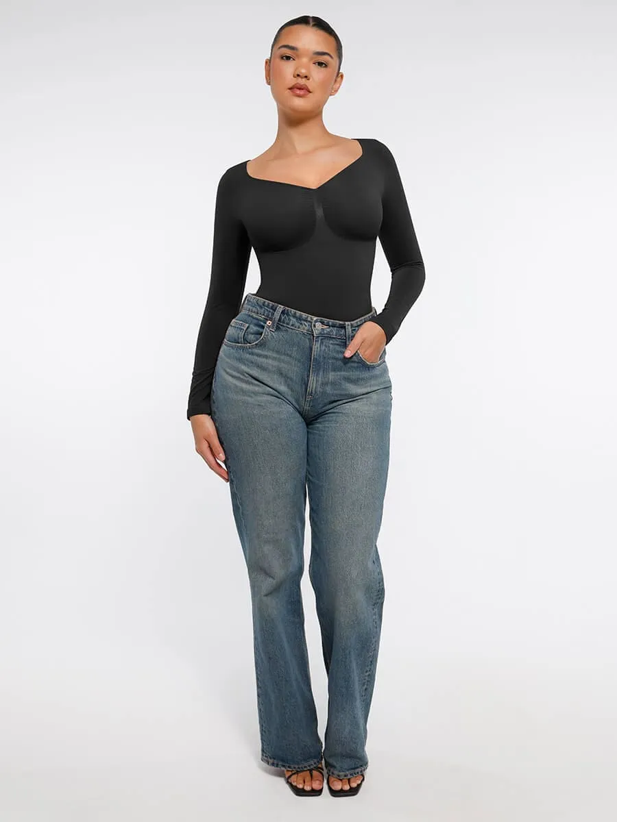 Seamless Long Sleeve Chest Support Tummy Control Thong Bodysuit