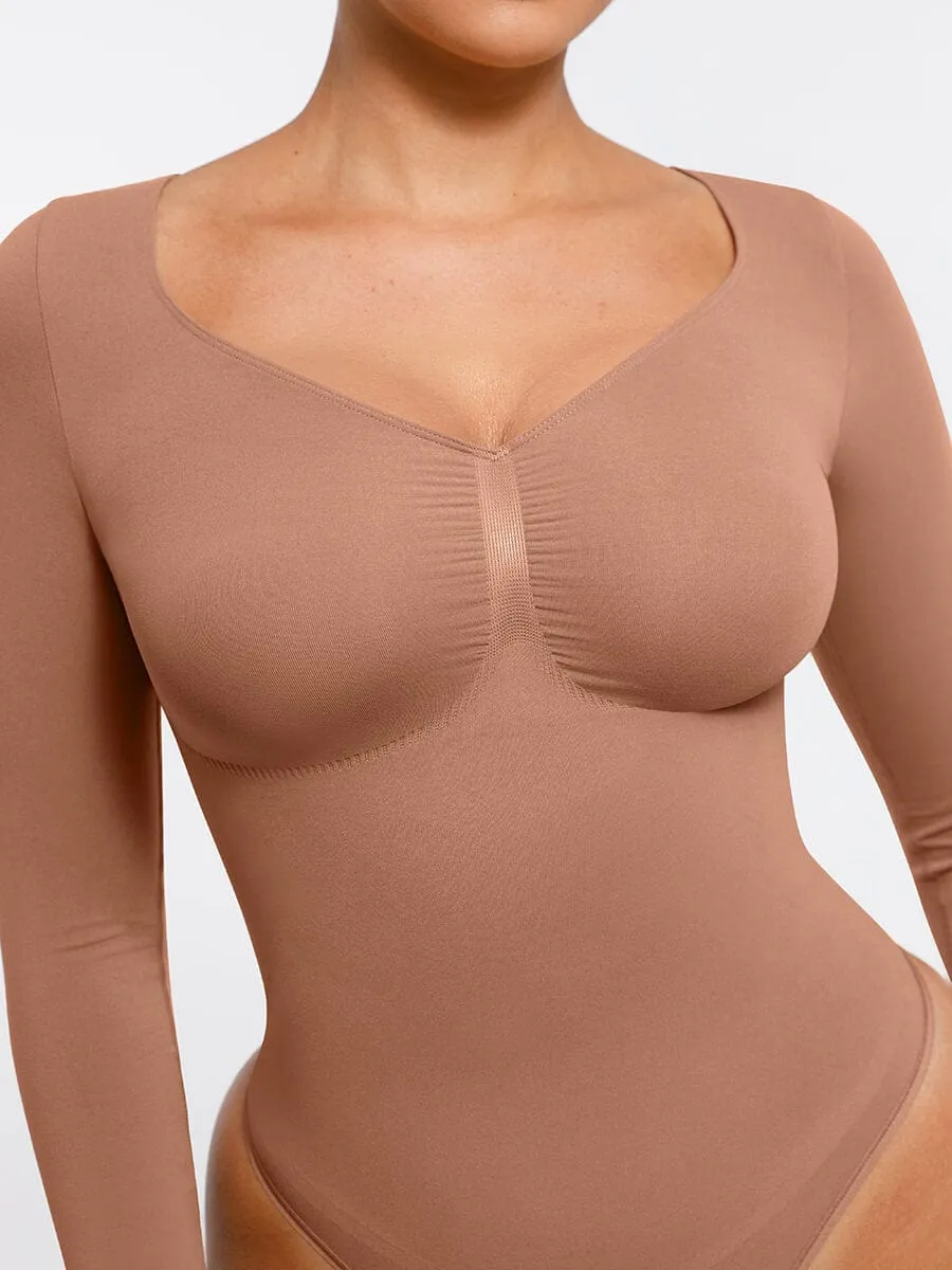Seamless Long Sleeve Chest Support Tummy Control Thong Bodysuit