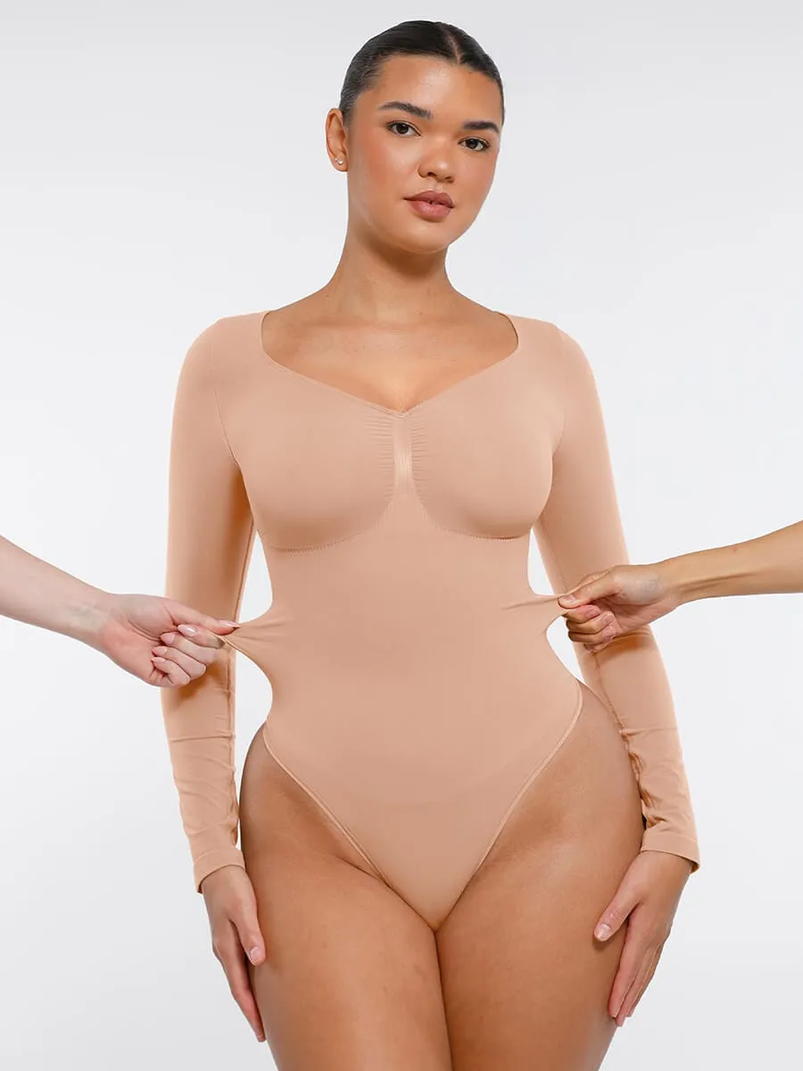 Seamless Long Sleeve Chest Support Tummy Control Thong Bodysuit