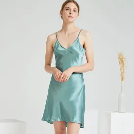 Silky Spaghetti Strap V Neck Lounge Mini Slip Nightdress - Emerald Green