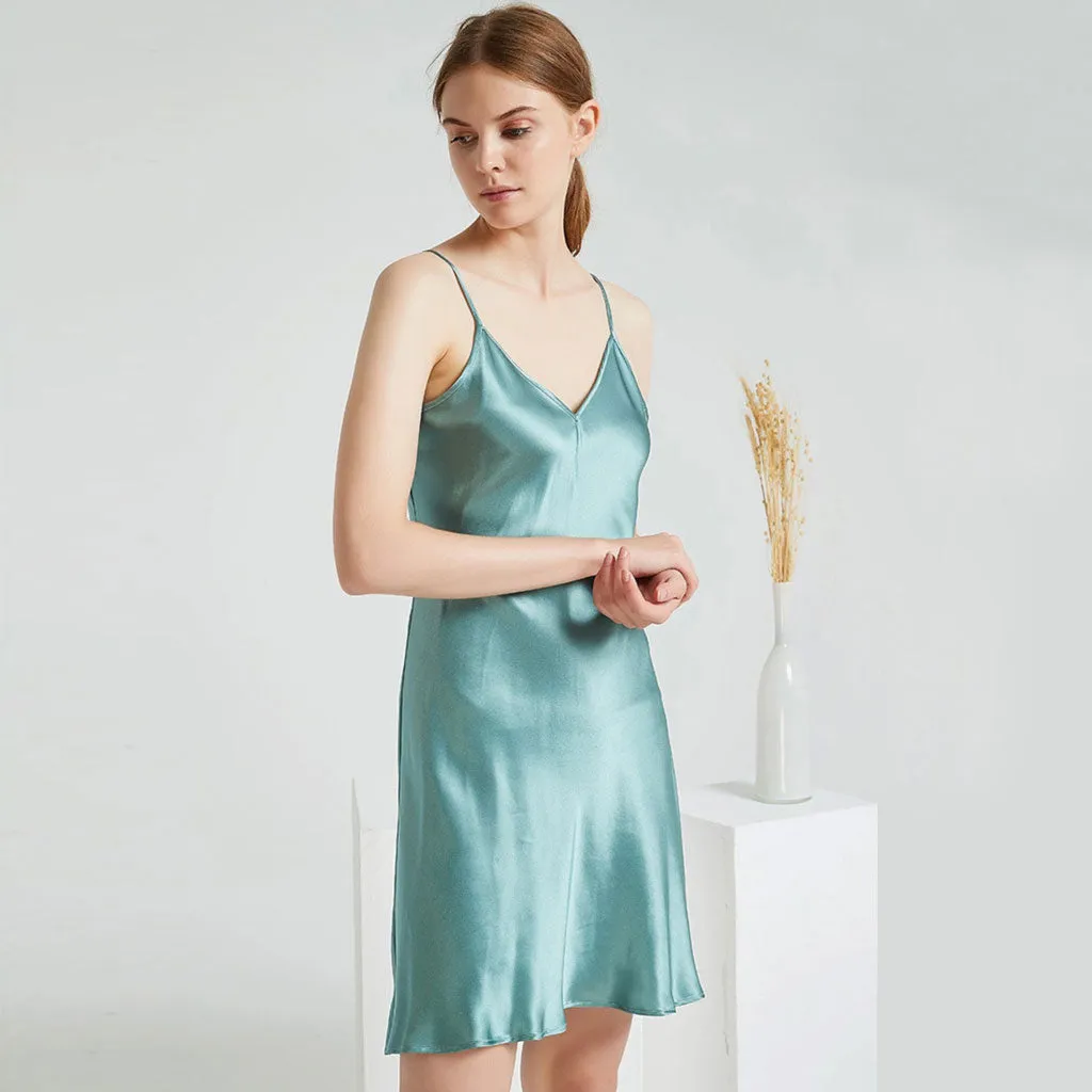 Silky Spaghetti Strap V Neck Lounge Mini Slip Nightdress - Emerald Green