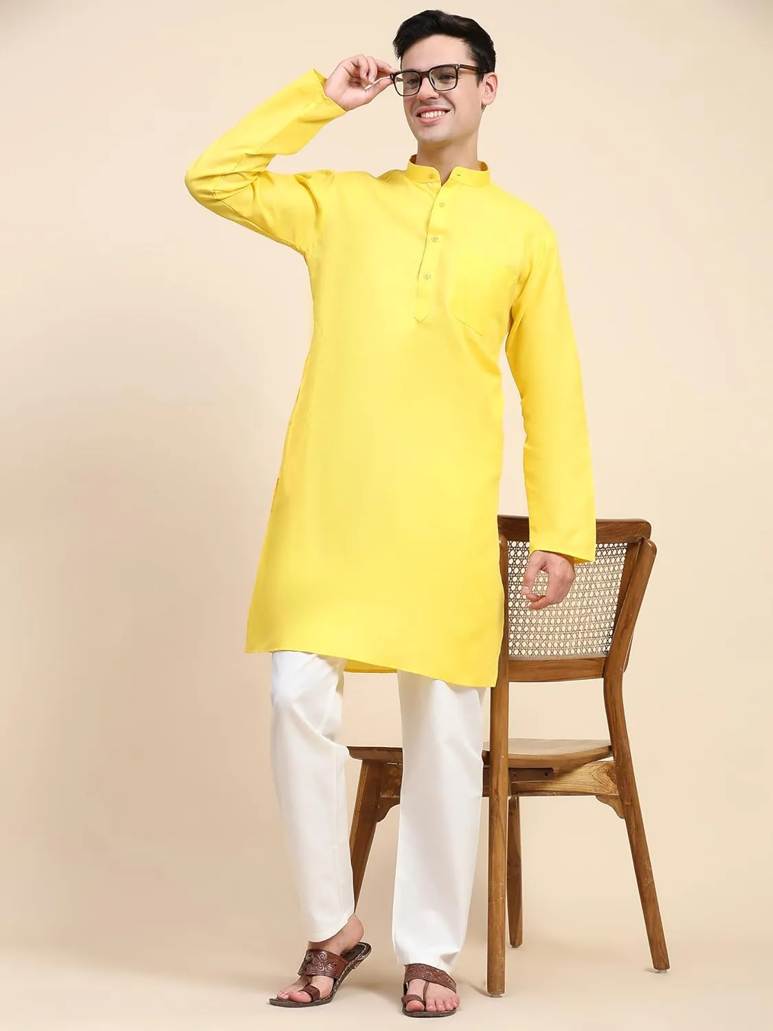 SKAVIJ Men's Cotton Henley Kurta Set Mandarin Collar Regular Fit Long Sleeves Ethnic Dress