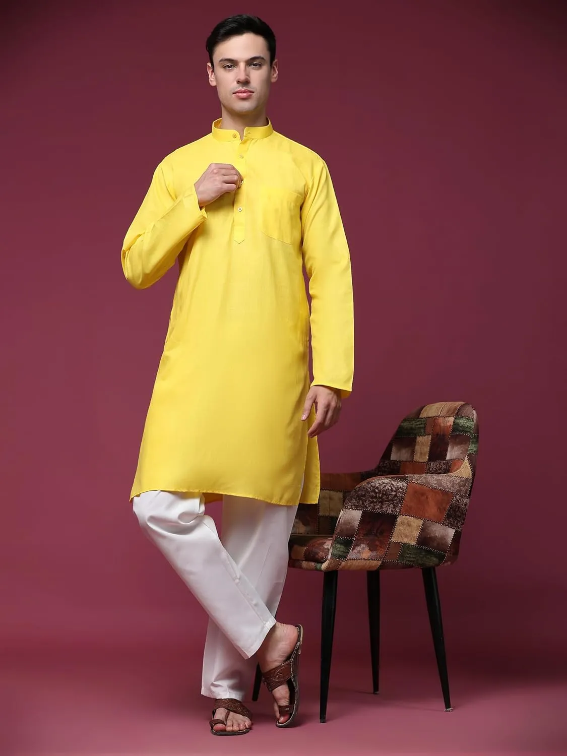 SKAVIJ Men's Cotton Henley Kurta Set Mandarin Collar Regular Fit Long Sleeves Ethnic Dress