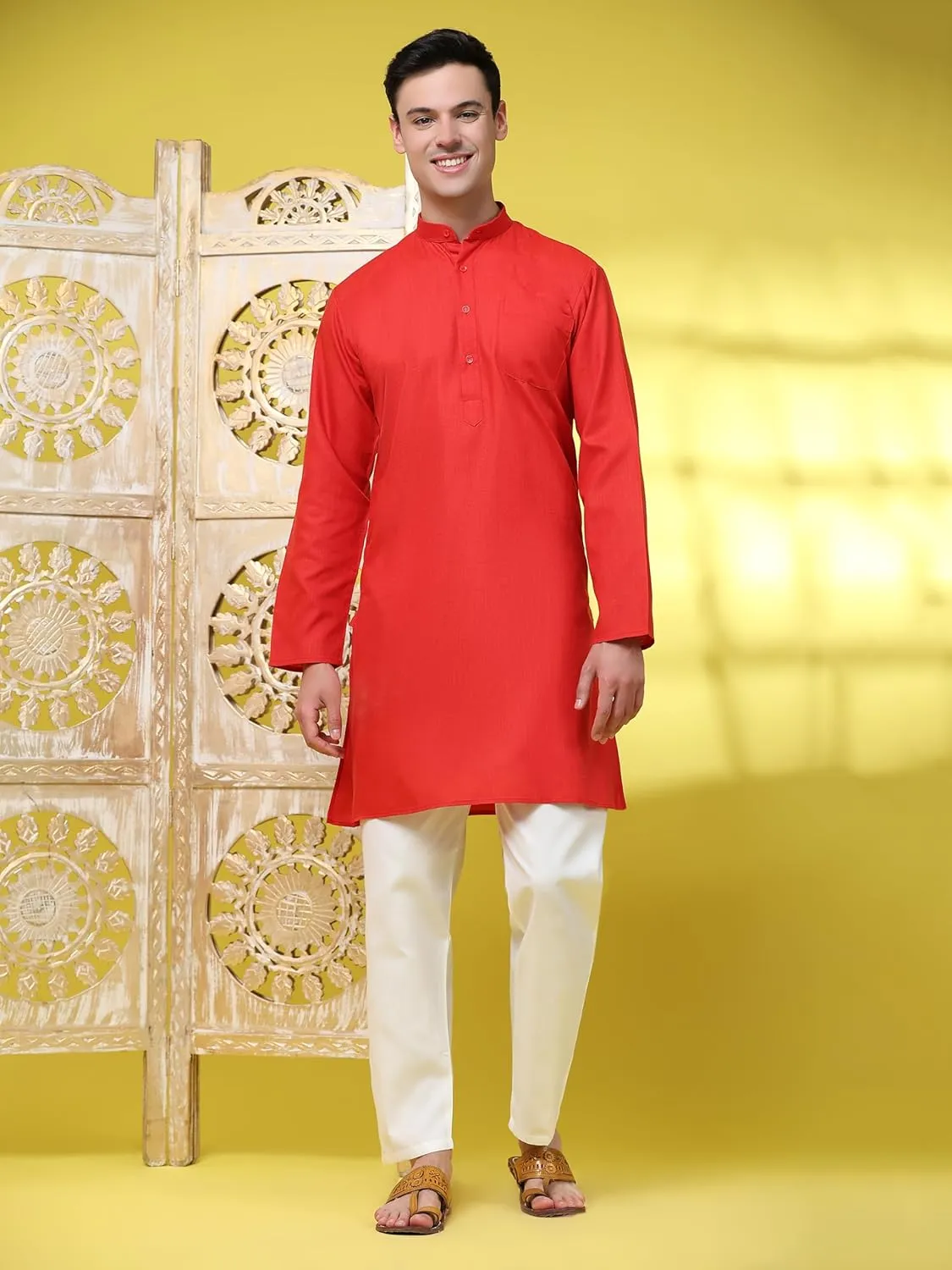 SKAVIJ Men's Cotton Henley Kurta Set Mandarin Collar Regular Fit Long Sleeves Ethnic Dress
