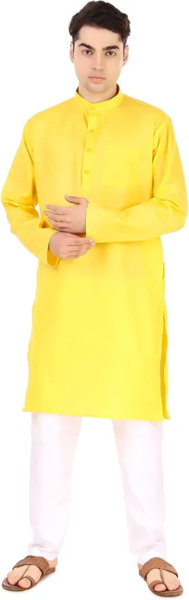 SKAVIJ Men's Cotton Henley Kurta Set Mandarin Collar Regular Fit Long Sleeves Ethnic Dress
